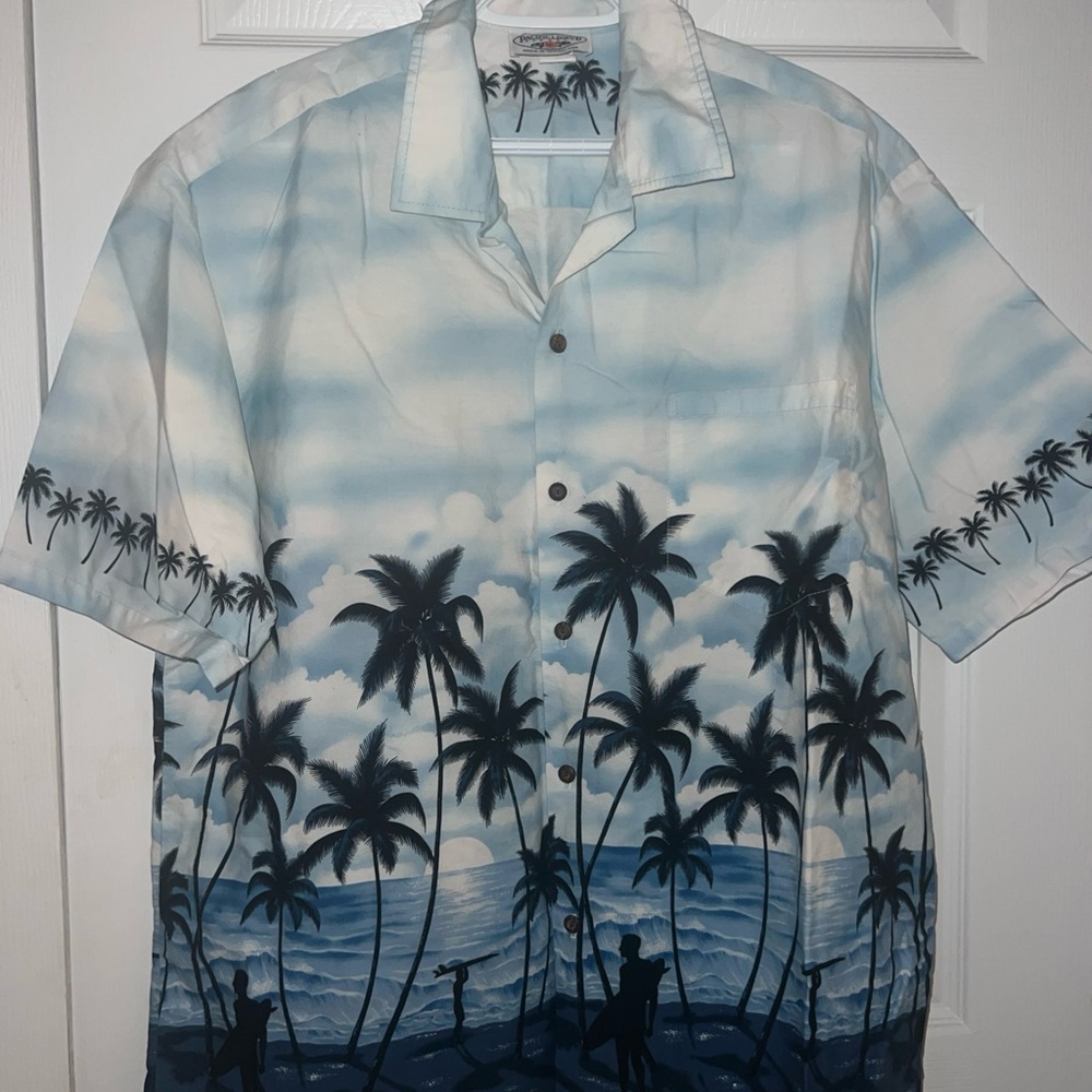 Blue and White Casual Button Down Shirt with Tropical Design